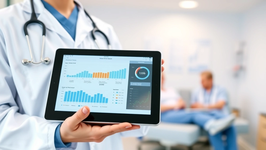 Healthcare professional using tablet with digital interface showing patient data and therapy progress charts, modern medical office environment, soft blue and white color scheme