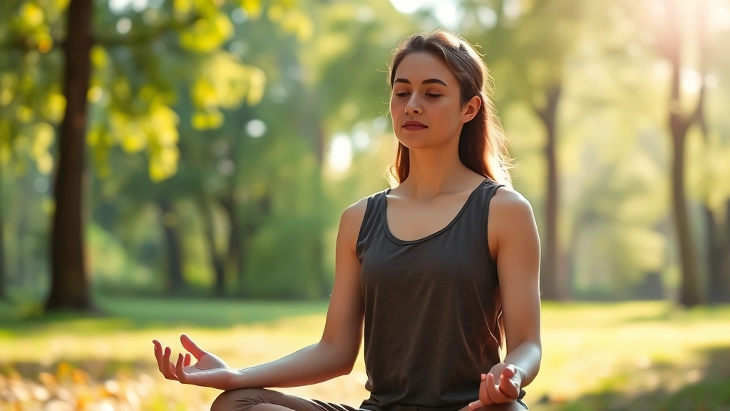 Person meditating in peaceful natural setting with soft morning light filtering through trees, serene facial expression, calm and centered posture, photorealistic, no text