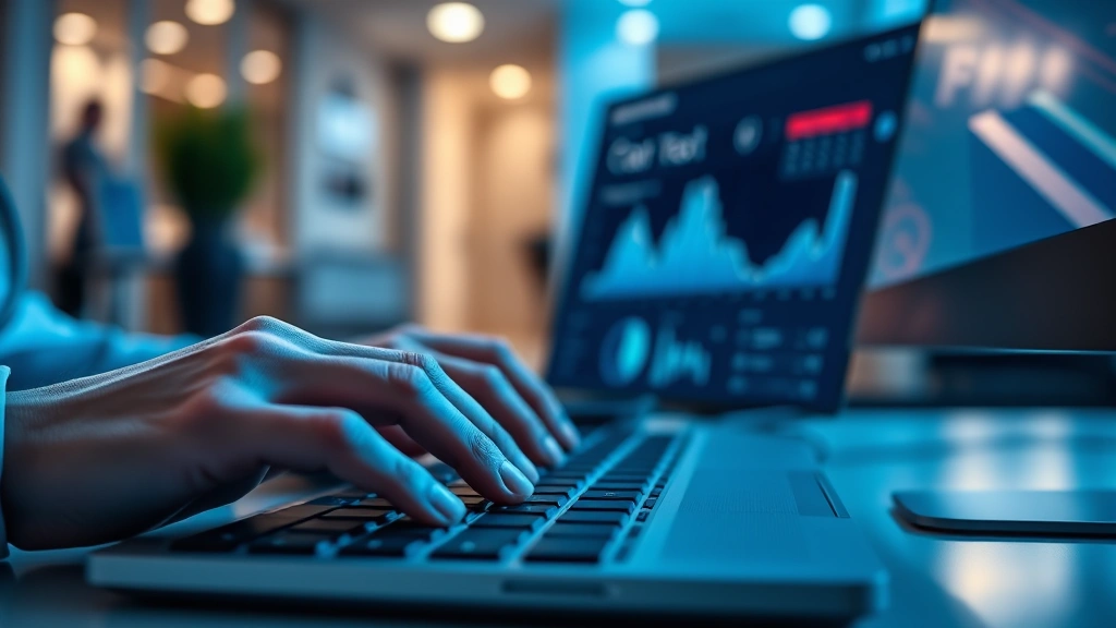 Close-up of hands typing on a computer keyboard with a healthcare dashboard interface glowing softly, medical charts and appointment calendar in blurred background, modern office setting with blue light ambiance, technological healthcare integration
