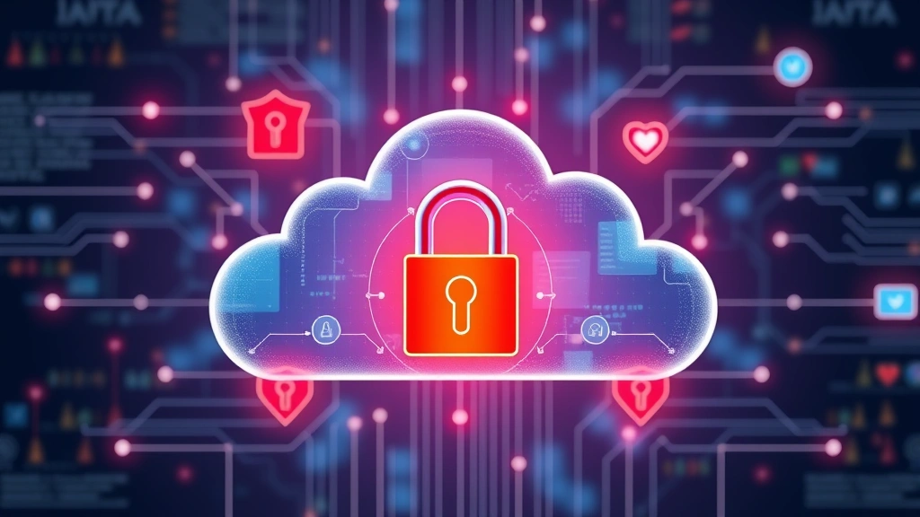 Secure cloud database visualization with encryption locks and protective shields, representing HIPAA-compliant healthcare data security and patient information protection in modern technology interface