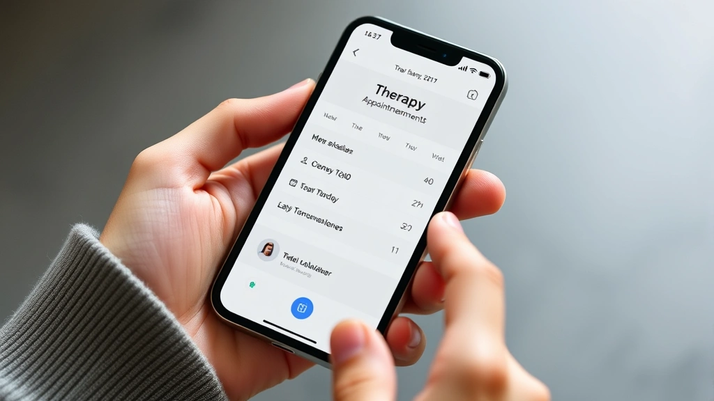 Close-up of hands holding smartphone displaying therapy appointment calendar and real-time scheduling system, minimalist interface design with wellness icons
