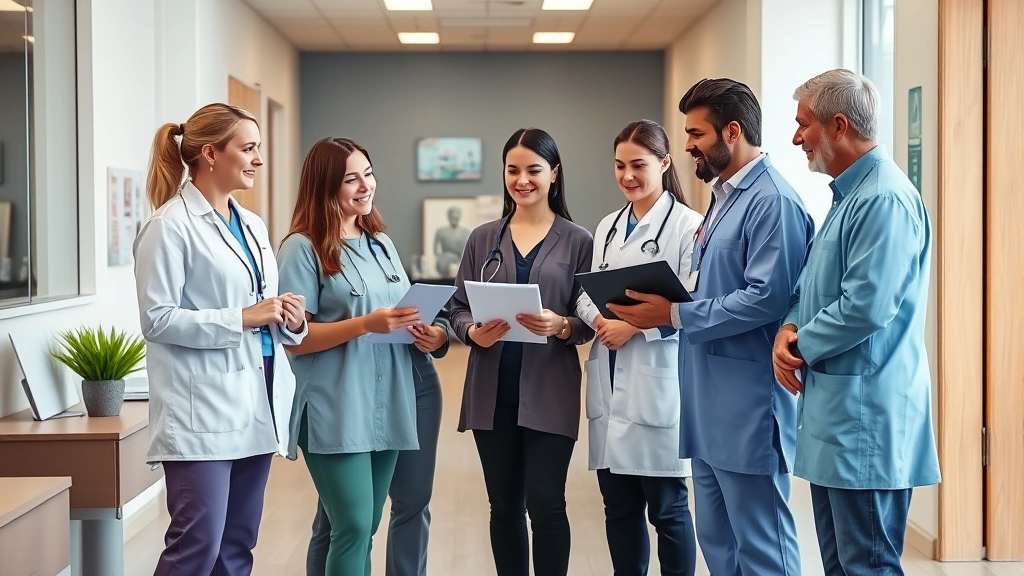 A diverse group of healthcare professionals including therapists, counselors, and rehabilitation specialists in a collaborative modern clinic space, standing together in discussion around digital health records, contemporary medical facility with technology integration visible