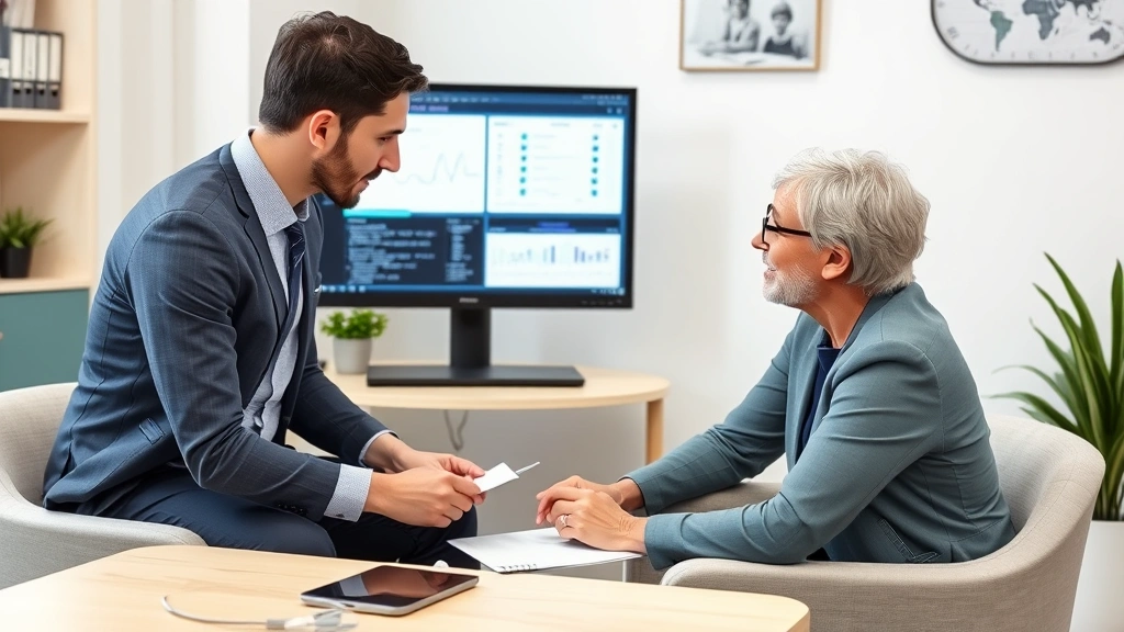 Therapist and patient collaborating during session with digital health records visible on computer monitor in background, showing clinical documentation and treatment planning interface in contemporary therapy office setting