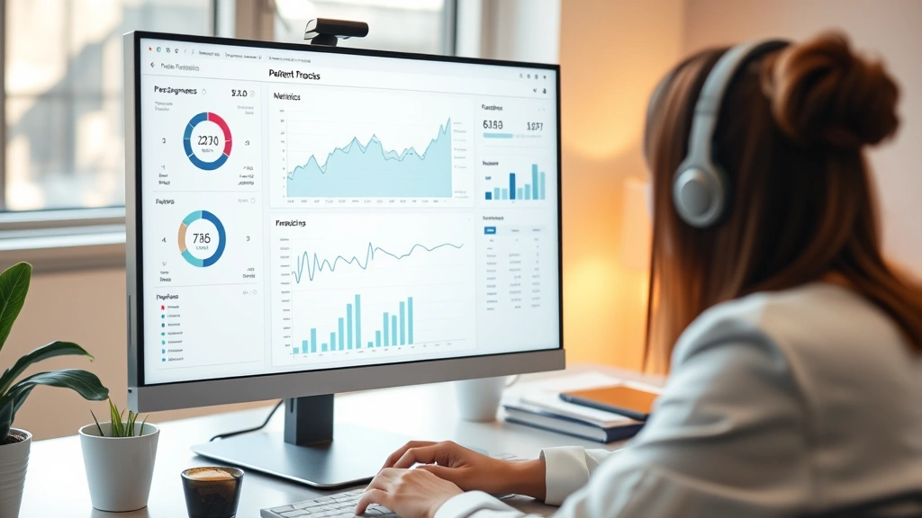 Therapist reviewing patient progress metrics on computer screen showing graphs and outcome measurements, professional healthcare setting with warm lighting