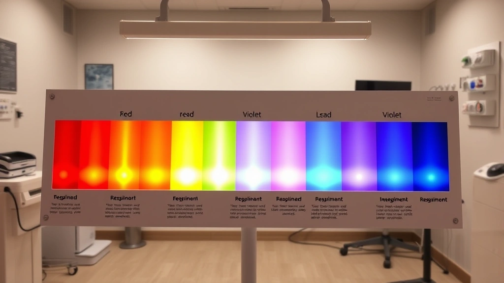 Detailed 7-color LED light therapy spectrum chart displayed in a clinical setting, showing wavelength ranges from red to violet with color-coded therapeutic benefits labeled, professional medical environment