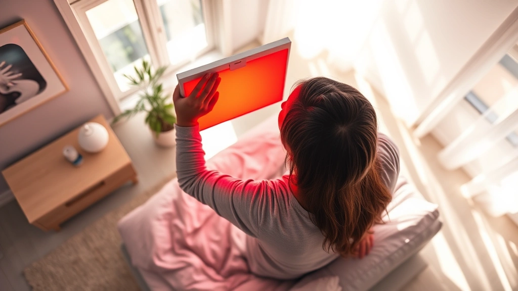 Overhead view of a person using a red light therapy panel during morning routine in a bright, minimalist bedroom, showing circadian-aligned light exposure timing with natural sunlight streaming through windows