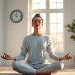 Person meditating peacefully in modern minimalist room with soft natural light streaming through windows, clock showing 8 minutes on wall, calm serene expression, photorealistic