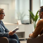 Professional therapist in modern clinic office taking notes during counseling session with patient, warm lighting, focus on therapeutic relationship and attentive listening, realistic clinical setting