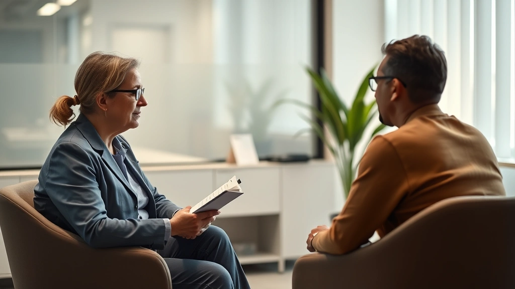 Professional therapist in modern clinic office taking notes during counseling session with patient, warm lighting, focus on therapeutic relationship and attentive listening, realistic clinical setting