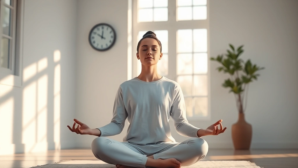 Person meditating peacefully in modern minimalist room with soft natural light streaming through windows, clock showing 8 minutes on wall, calm serene expression, photorealistic