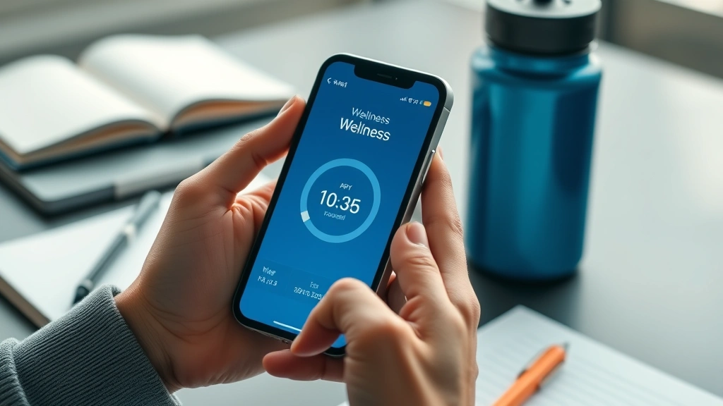 Close-up of person's hands holding smartphone displaying wellness app with breathing exercise timer, soft natural lighting, desk with journal and water bottle, productivity and mental health theme