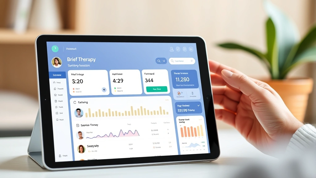 Digital healthcare dashboard on tablet showing brief therapy session scheduling and progress tracking, modern telemedicine interface, healthcare technology in clinical use