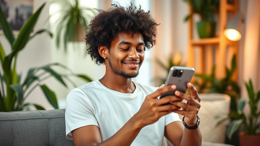 Diverse individual using meditation app on smartphone in comfortable home setting, peaceful environment with plants, warm lighting, genuine calm expression, photorealistic