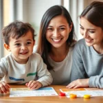 Parent and young child sitting at a table with colorful visual schedule cards and reward tokens, warm natural lighting, therapeutic home learning environment, both smiling, modern bright home interior