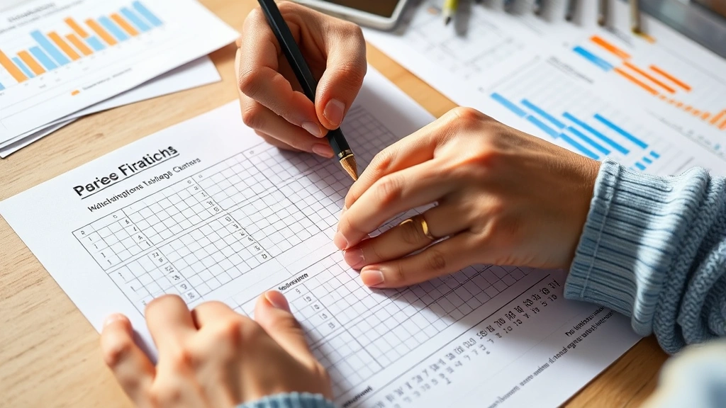 Close-up of hands using data collection sheet with behavioral tracking charts and graphs, pencil marking progress on paper, organized therapy materials in background, natural desk lighting