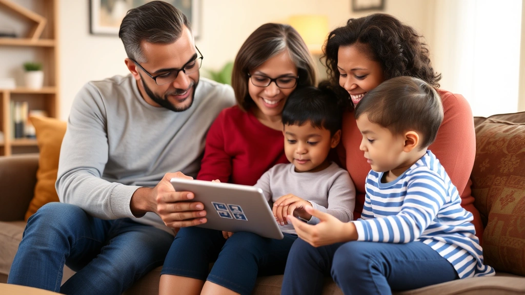Diverse family members (parent, grandparent, child) sitting together reviewing visual behavior plan on tablet, warm living room setting, collaborative therapeutic discussion, positive interactions
