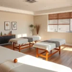 Serene massage therapy classroom with soft natural lighting, professional massage tables, and calming earth-tone aesthetics in a wellness academy setting