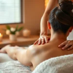 Serene spa setting with warm lighting, massage therapist's hands performing therapeutic massage on client's back, peaceful expression on client's face, soft towels and candles, photorealistic, calming atmosphere, no text or signage visible