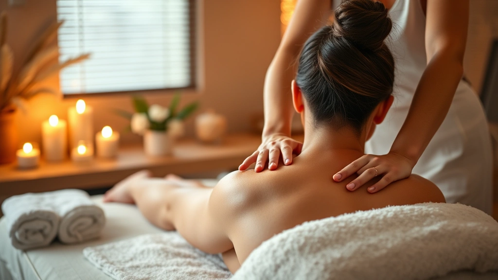 Serene spa setting with warm lighting, massage therapist's hands performing therapeutic massage on client's back, peaceful expression on client's face, soft towels and candles, photorealistic, calming atmosphere, no text or signage visible