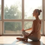 Person sitting cross-legged in peaceful meditation pose by large window with natural sunlight streaming in, serene expression, modern minimalist indoor space, photorealistic