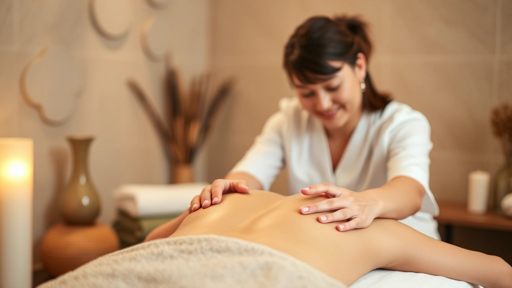 Professional massage therapist performing therapeutic massage on client's back in calm spa environment with soft lighting, warm earth tones, serene atmosphere, peaceful expression on client's face, hands showing skilled technique