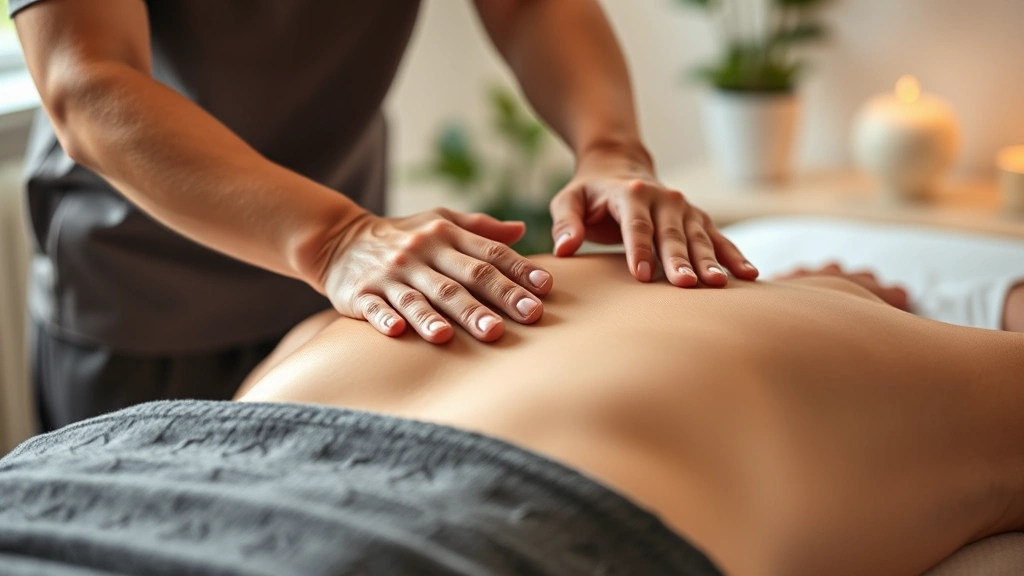 Close-up of skilled massage therapist hands performing therapeutic bodywork on client's back during treatment session in peaceful clinical environment