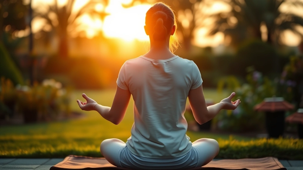Meditation practitioner in peaceful lotus position during sunrise, hands in mindfulness gesture, tranquil garden background, soft natural light, photorealistic wellness imagery