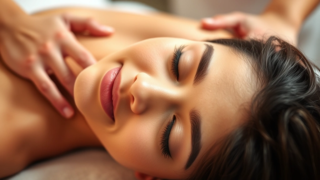 Close-up of relaxed person lying face-down during massage therapy session, peaceful facial expression, professional massage therapist hands working on shoulders, neutral spa environment, warm natural lighting, high quality photorealistic image