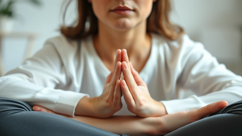 Close-up of person's hands resting on knees during mindfulness practice, calm composed facial expression, soft natural lighting, peaceful environment, photorealistic