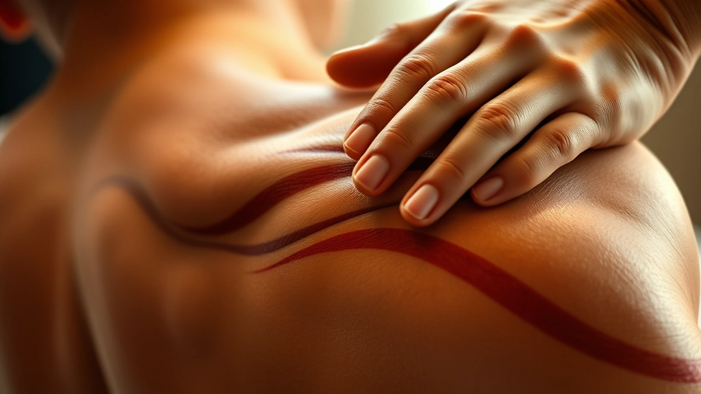 Close-up of hands performing deep tissue massage technique on shoulder muscle, anatomical precision visible, warm lighting highlighting muscle definition, therapeutic touch demonstrating professional skill and care