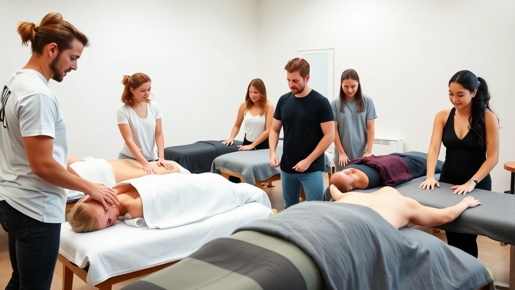 Diverse group of massage therapy students practicing techniques together in academy training room with mindful, focused expressions during hands-on instruction