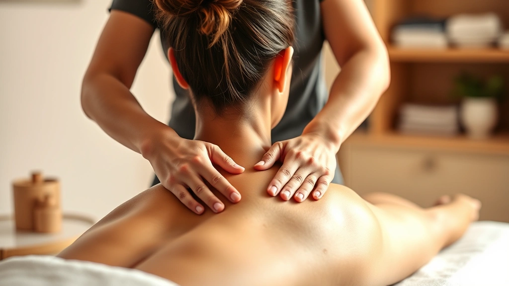 Massage therapist in focused concentration during treatment, hands positioned on client's back, gentle healing energy visible through professional posture, warm therapeutic lighting, photorealistic clinical setting