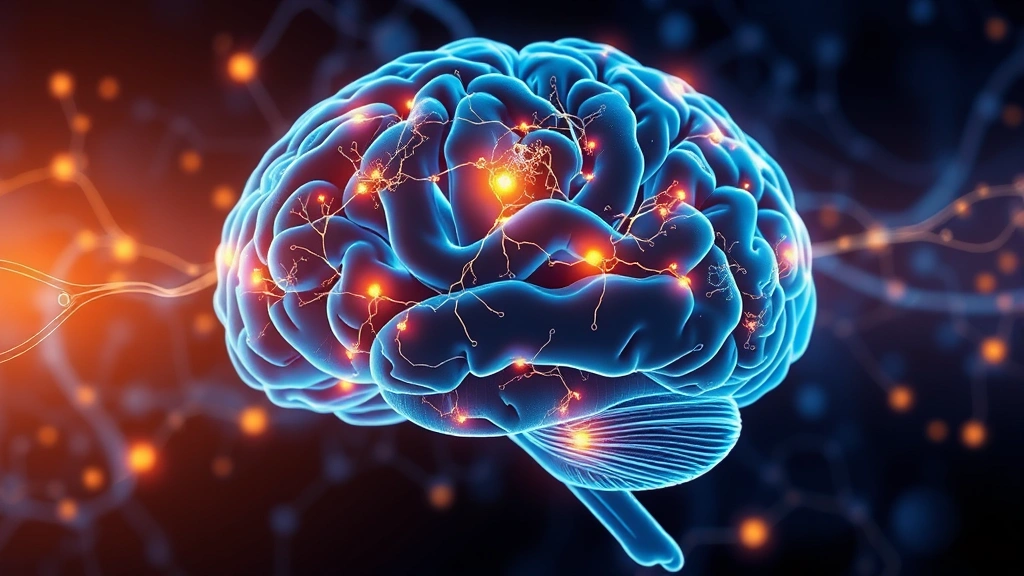 Brain illustration showing neural pathways and neurotransmitters (serotonin, dopamine), glowing connections representing nervous system activation, abstract medical visualization style, photorealistic quality, no text labels or letters