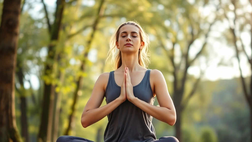 Woman practicing mindful breathing outdoors in nature setting with trees and soft natural light, centered posture, peaceful expression, serene environment, photorealistic