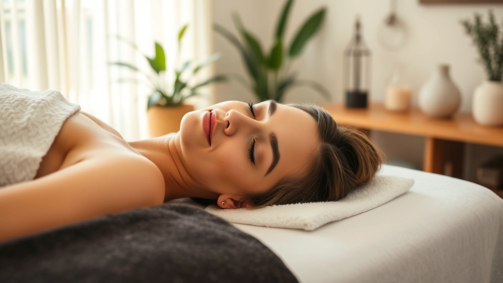 Peaceful client lying face-down on massage table during session, relaxed facial expression, soft natural lighting filtering through curtains, tranquil spa setting with plants and calming decor visible