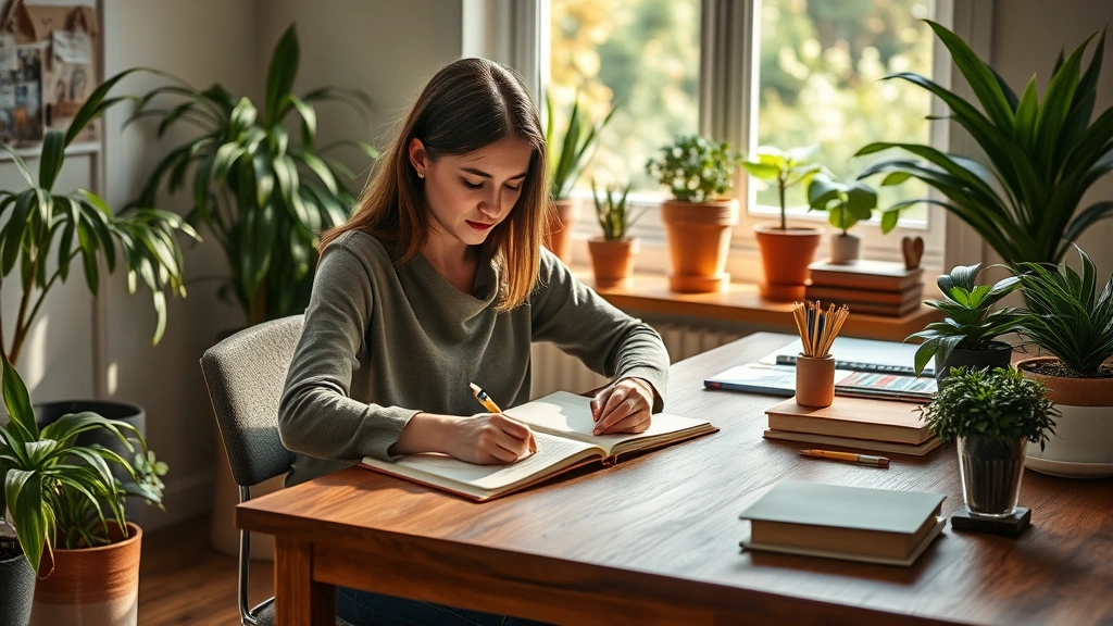 Person sitting at wooden desk writing in journal with warm natural lighting, mindful expression, surrounded by plants and calming workspace elements, professional therapy setting aesthetic