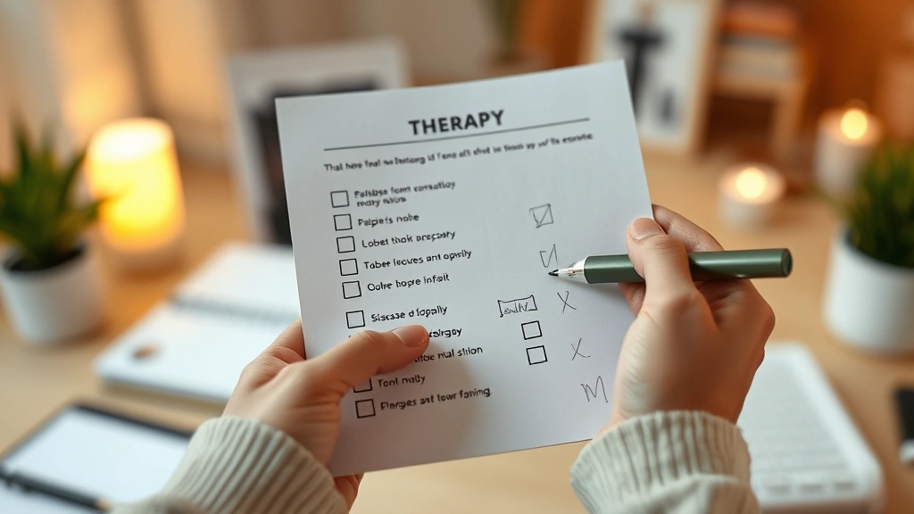 Close-up of hands holding completed therapy worksheet with handwritten notes and checkmarks, soft focus background, warm ambient lighting, therapeutic workspace environment