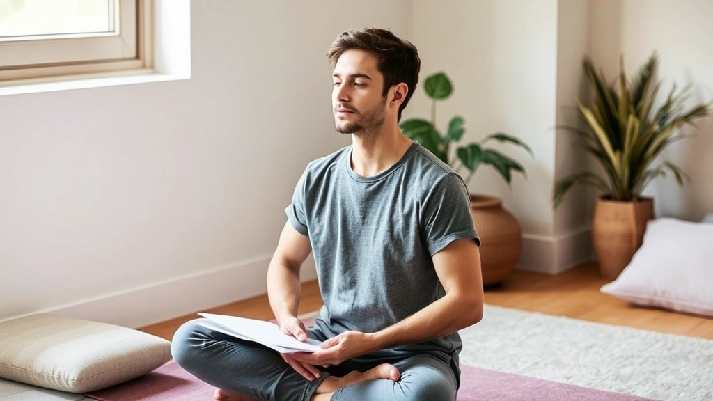 Individual in contemplative pose during mindfulness practice, seated comfortably with worksheets nearby, peaceful expression, natural window light, moment of reflection and acceptance
