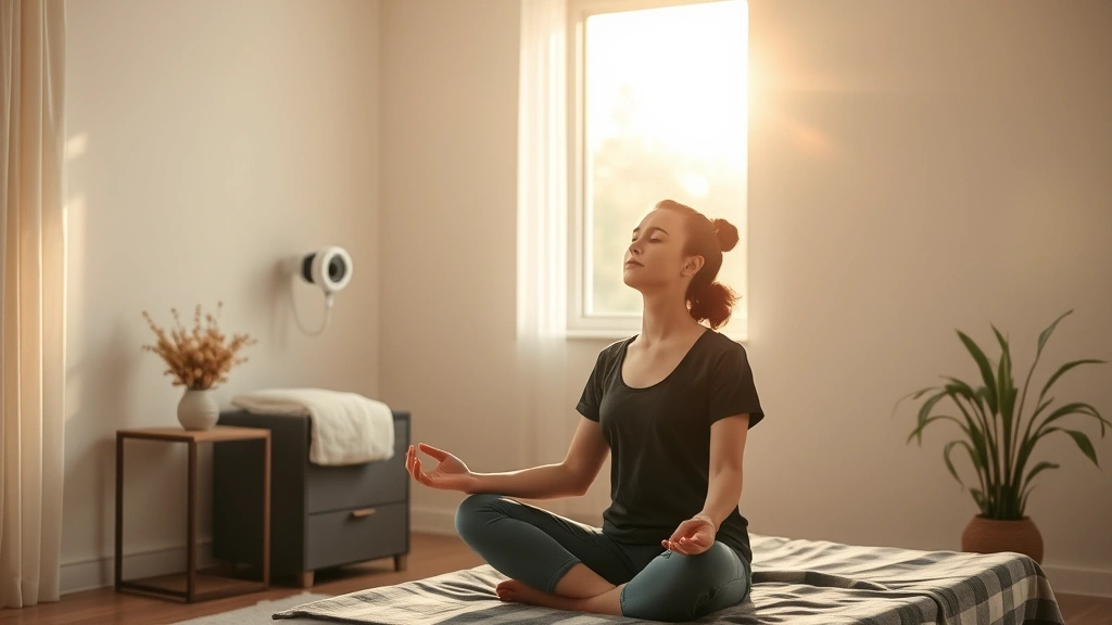 Person practicing body scan meditation in peaceful recovery environment with soft natural light, showing embodied awareness and parasympathetic activation, serene clinical wellness setting