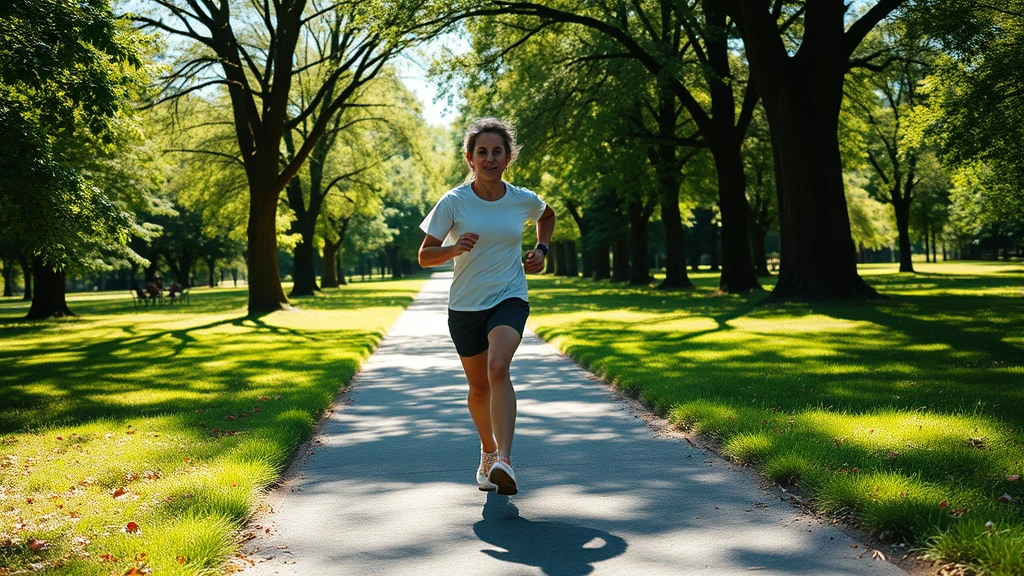 Person jogging outdoors in natural sunlight through a park setting with trees and greenery, showing movement and physical activity for mental wellness