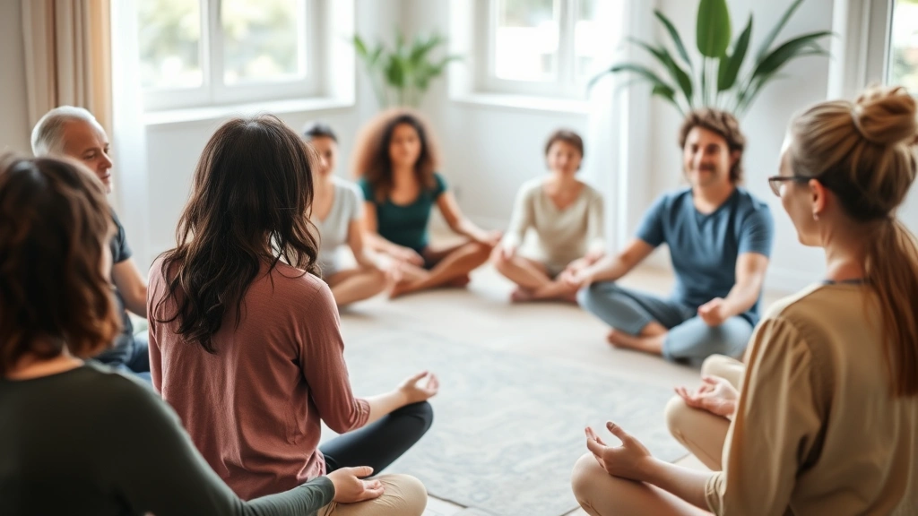 Diverse group of people in a supportive circle during a mindfulness or group therapy session, sitting peacefully with calm expressions in a serene environment