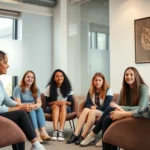 A diverse group of teenagers in a modern therapy office setting, sitting in a comfortable circle with a therapist, having a supportive conversation, natural lighting, warm colors, professional environment, realistic photography