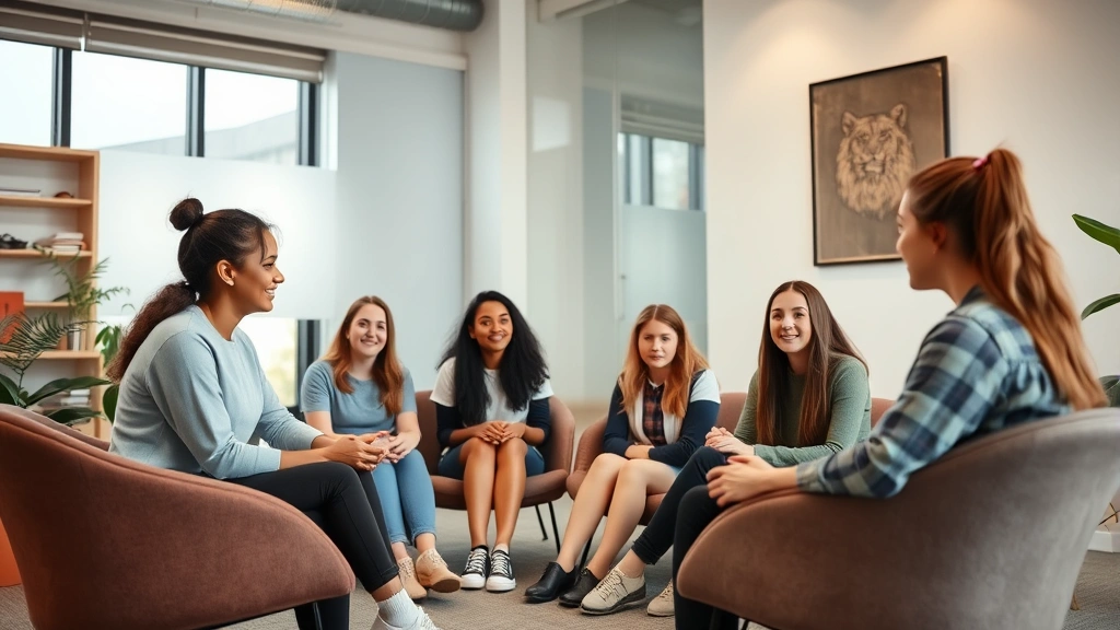 A diverse group of teenagers in a modern therapy office setting, sitting in a comfortable circle with a therapist, having a supportive conversation, natural lighting, warm colors, professional environment, realistic photography