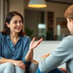 A compassionate female therapist in a modern office setting gesturing thoughtfully during a session with an adolescent client, warm lighting creating safe atmosphere, professional but approachable environment