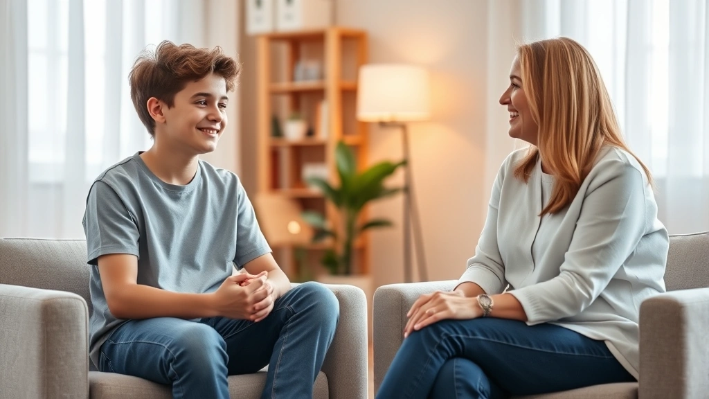 Young teenager in a peaceful therapy session with a compassionate therapist, sitting in a comfortable modern office with warm lighting, genuine conversation happening, calm and supportive atmosphere