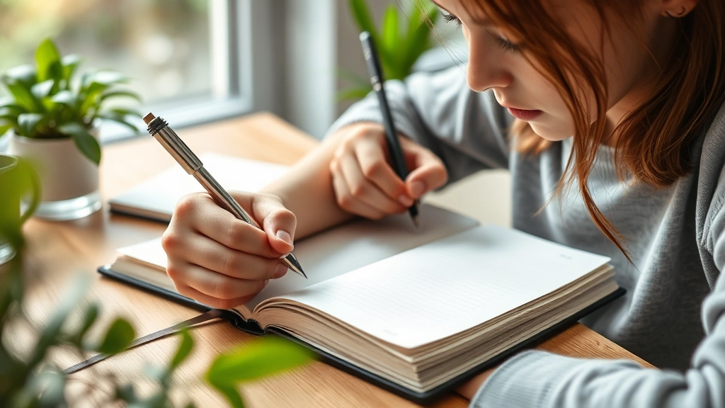 Close-up of a teenage person writing in a journal during a therapy session, showing emotional reflection and self-discovery, natural desk setting with plants, soft natural light, peaceful atmosphere, photorealistic