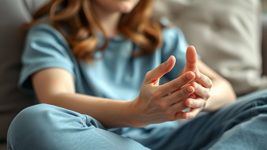 Close-up of an adolescent's hands during grounding exercise, sitting on a comfortable couch, practicing mindfulness with therapeutic guidance visible through soft focus background