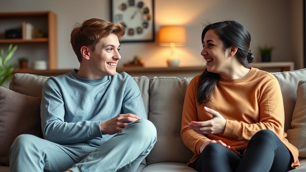 A teenage individual and parent having a positive conversation during family therapy, sitting together on a couch, showing connection and understanding, modern living room setting, warm lighting, genuine interaction, realistic photography