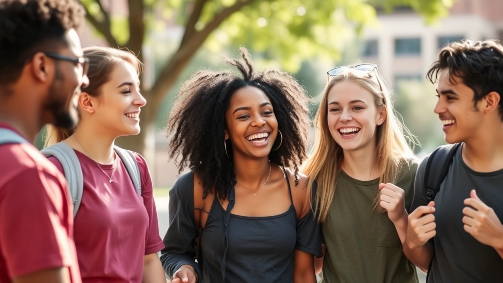 Group of diverse teenagers engaged in positive activities together, laughing and connecting, representing social connection and peer support that improves mood, outdoor setting with natural light