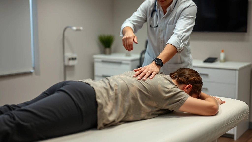 Professional chiropractor performing spinal adjustment on patient lying on treatment table, hands-on manual therapy technique, modern clinical setting with soft lighting
